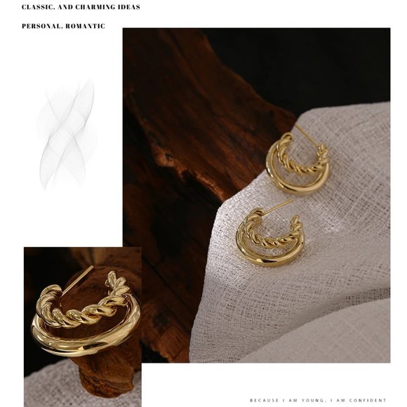 New 18K Gold Plated Double Layer Braided Hoop Earrings - Picture 4 of 4